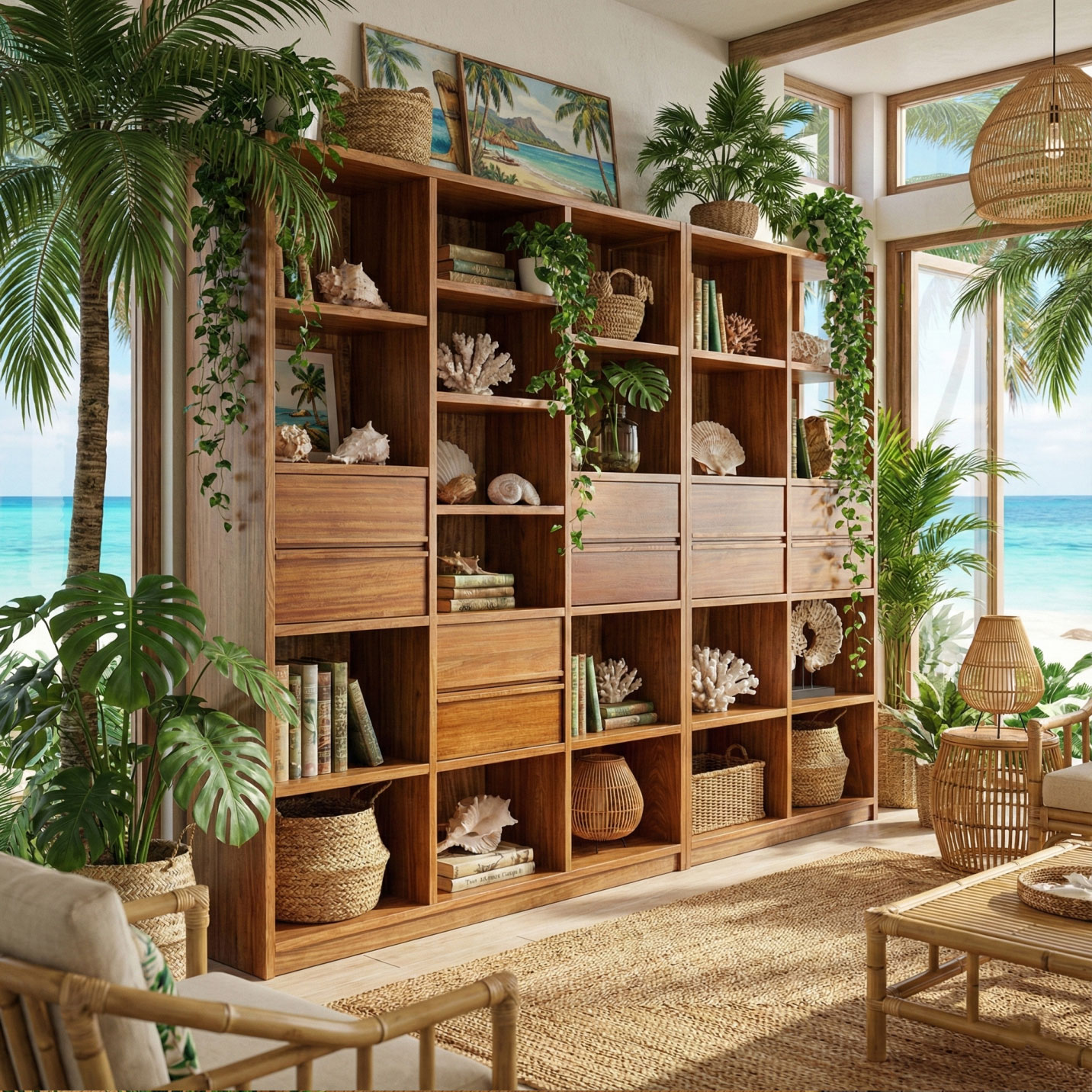 筑家东南亚风格家具实木书柜胡桃木槟榔色四门书柜书房家具书橱