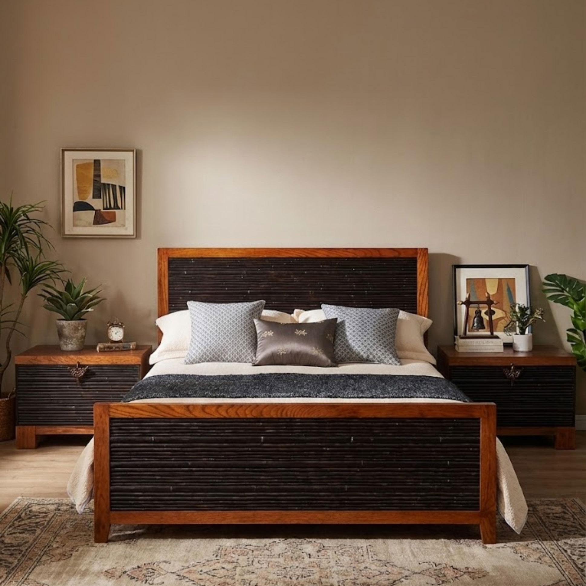 新中式实木床1.8米东南亚风格槟榔色家具竹节雕刻白蜡木1.5双人床