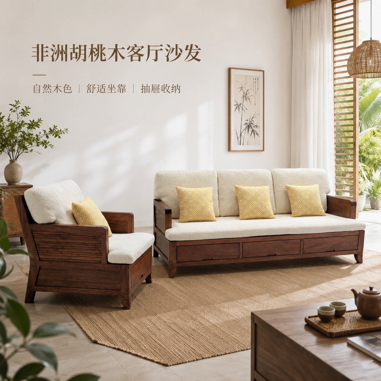 筑家东南亚风格实木沙发槟榔色新中式储物布艺沙发123组合沙发