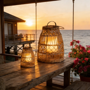 米罗兰藤编手提灯太阳能充电户外庭院灯露台景观花园氛围落地台灯