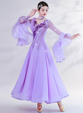 摩登舞新款薰衣草色优雅雪纺飘逸镶钻华尔兹专业比赛演出交谊舞裙