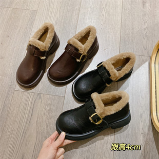 女2025冬季 魔术贴单鞋 新款 粗跟高跟乐福鞋 女 毛毛鞋 豆豆鞋 玛丽珍鞋