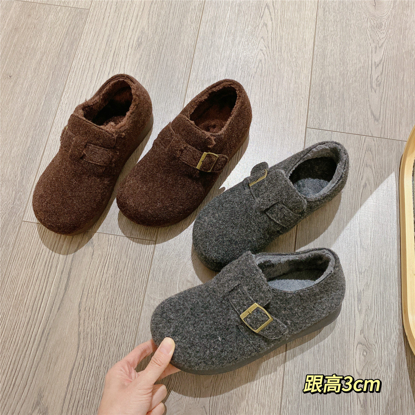 复古勃肯鞋毛毛鞋英伦风百搭单鞋女乐福鞋2025冬季新款加绒棉鞋女