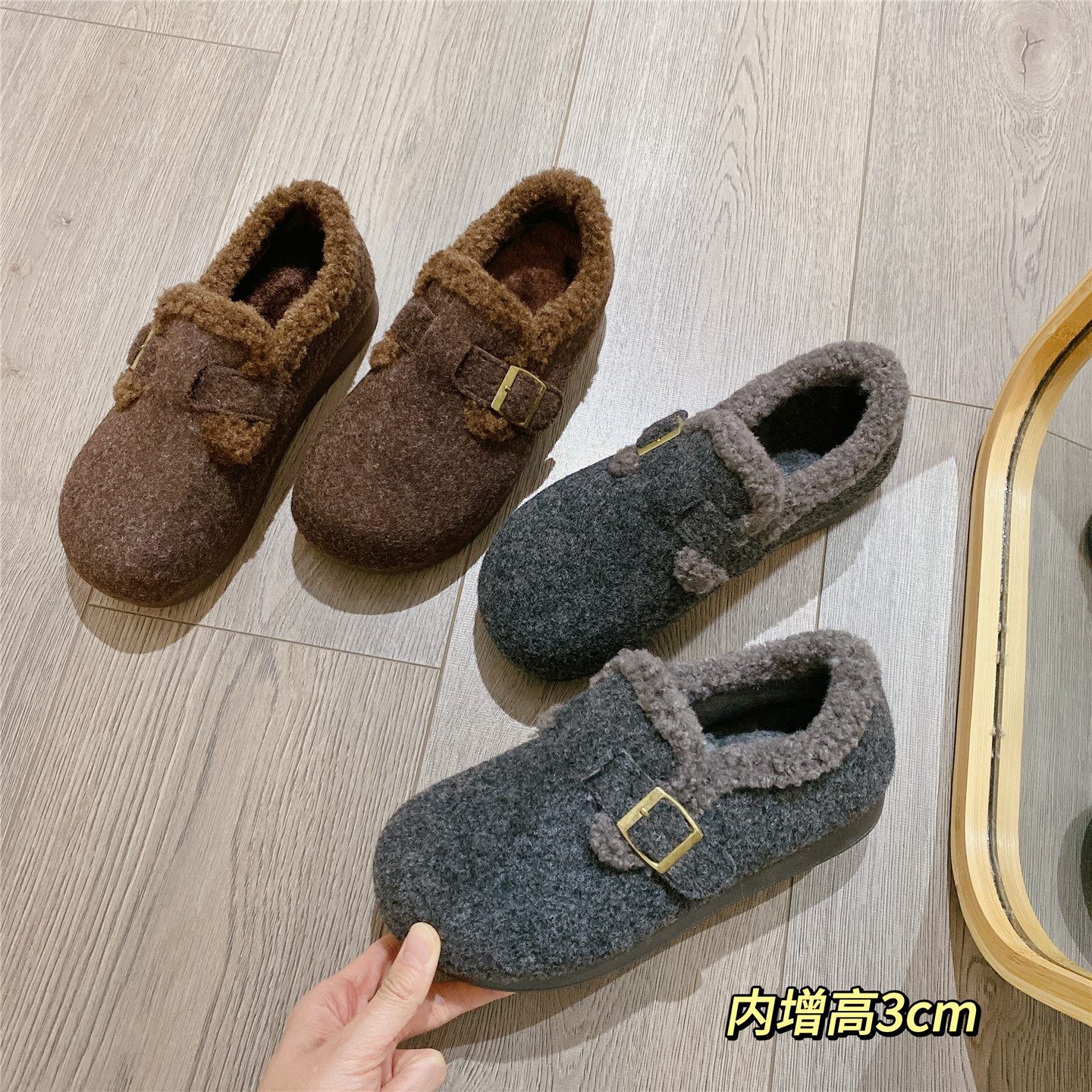 复古勃肯鞋毛毛鞋英伦风百搭单鞋女乐福鞋2025冬季新款加绒棉鞋女