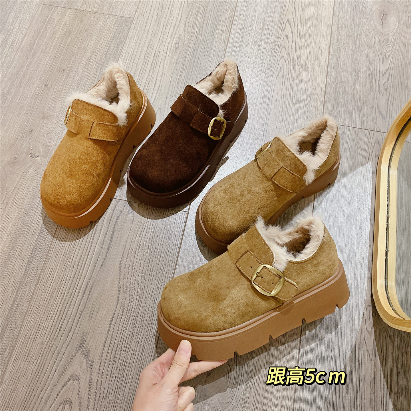 加绒搭扣勃肯鞋毛毛鞋女2025冬季新款乐福鞋保暖厚底鞋单鞋棉鞋女