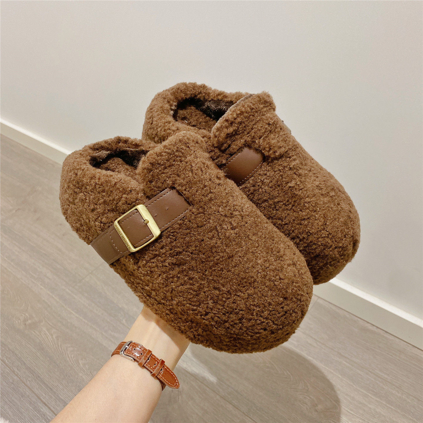 厚底包头毛毛鞋女外穿2025冬季新款保暖加绒懒人内增高半拖棉拖鞋