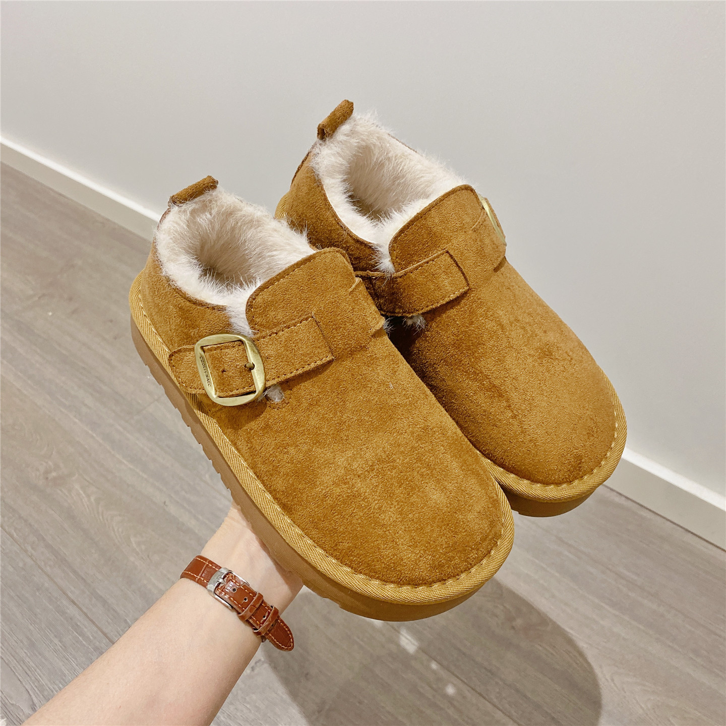 复古搭扣雪地鞋毛毛鞋加绒勃肯鞋女2025冬季新款厚底单鞋保暖棉鞋