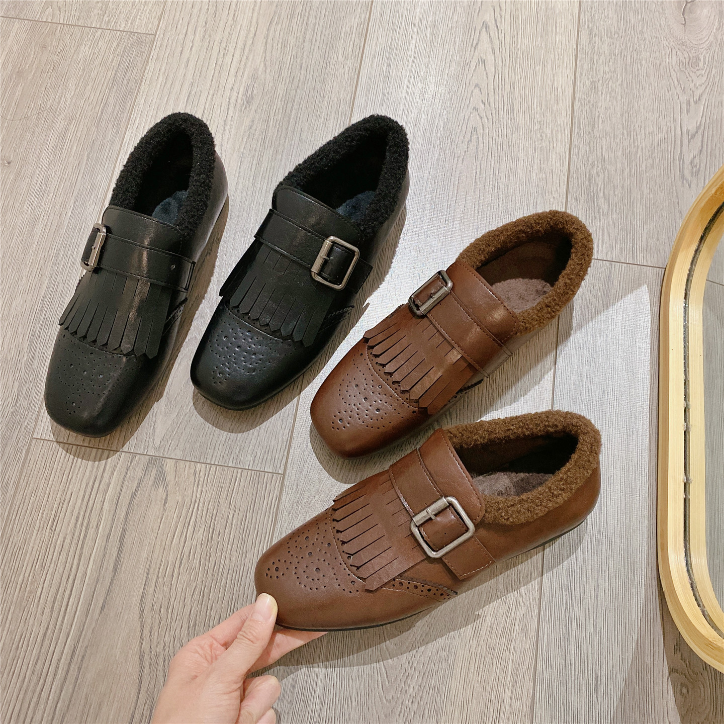 复古保暖毛毛鞋流苏小皮鞋女2025冬季新款韩版加绒平底棉鞋单鞋女