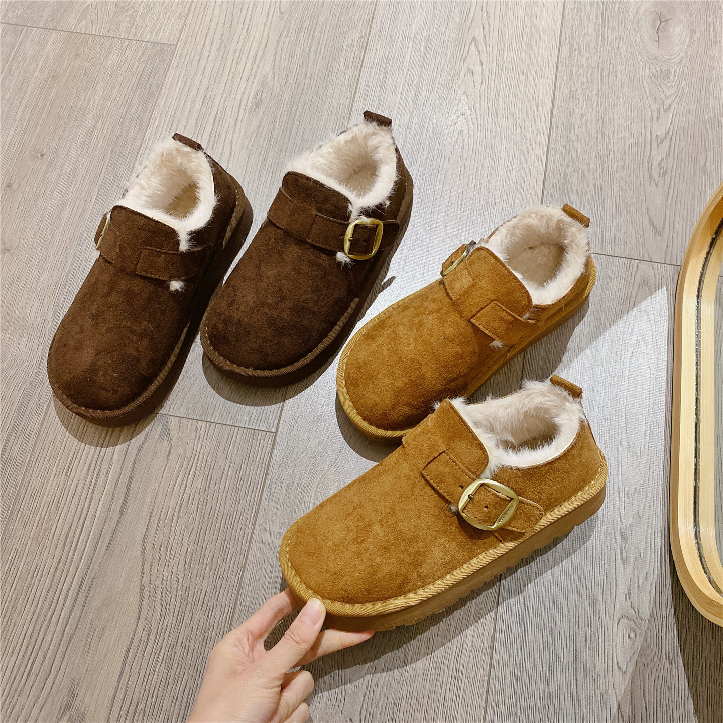 复古搭扣雪地鞋毛毛鞋加绒勃肯鞋女2025冬季新款厚底单鞋保暖棉鞋