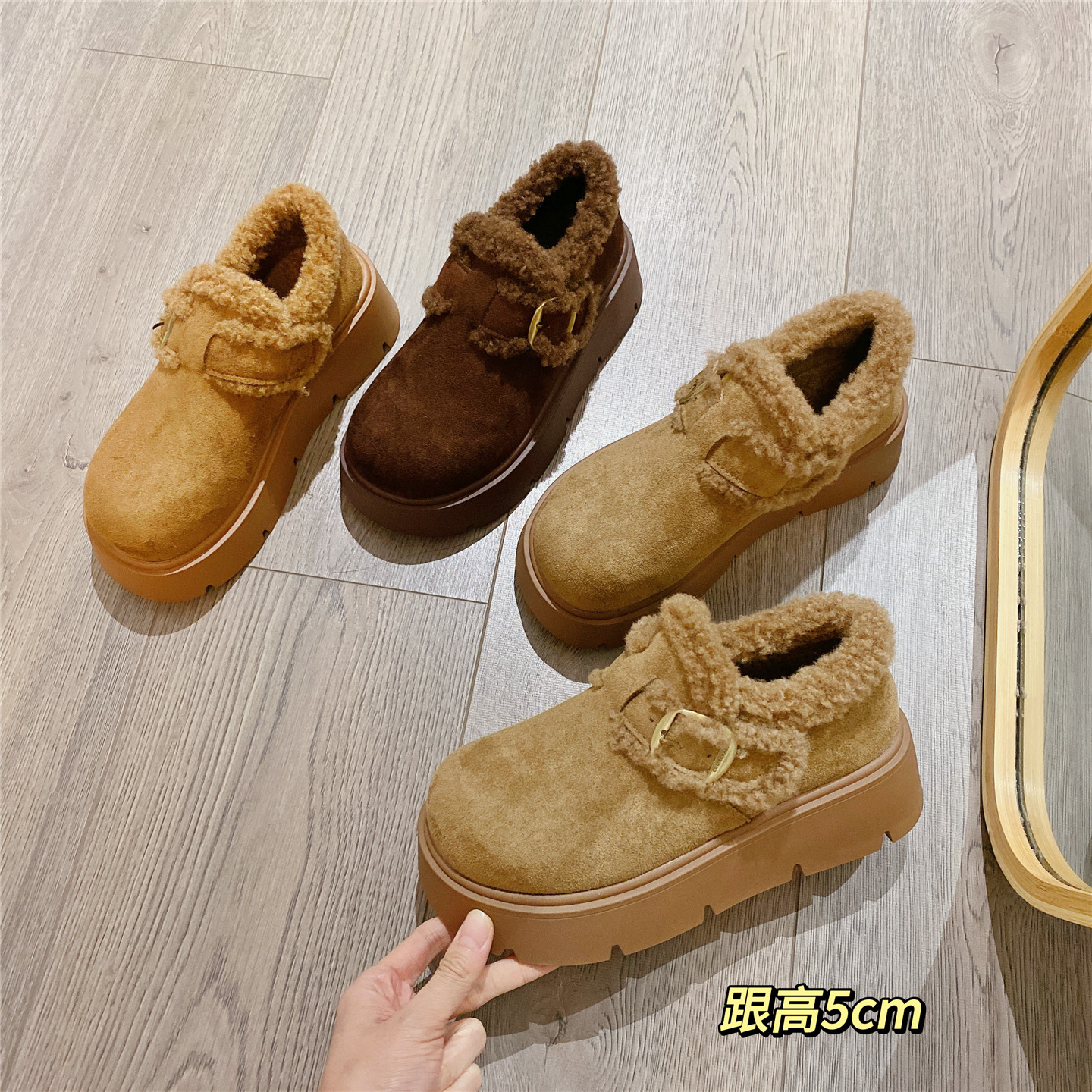 加绒搭扣勃肯鞋毛毛鞋女2025冬季新款乐福鞋保暖厚底鞋单鞋棉鞋女