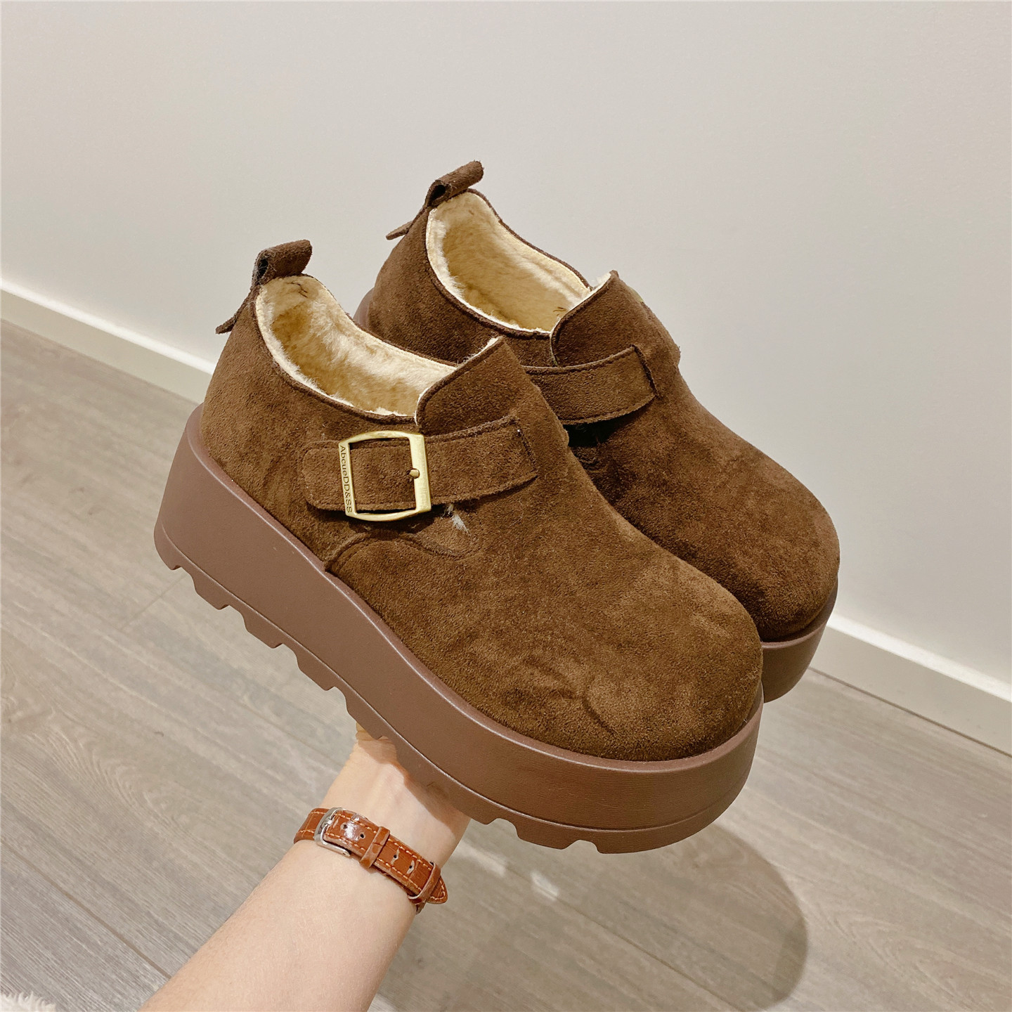加绒搭扣勃肯鞋毛毛鞋女2025冬季新款乐福鞋保暖厚底鞋单鞋棉鞋女