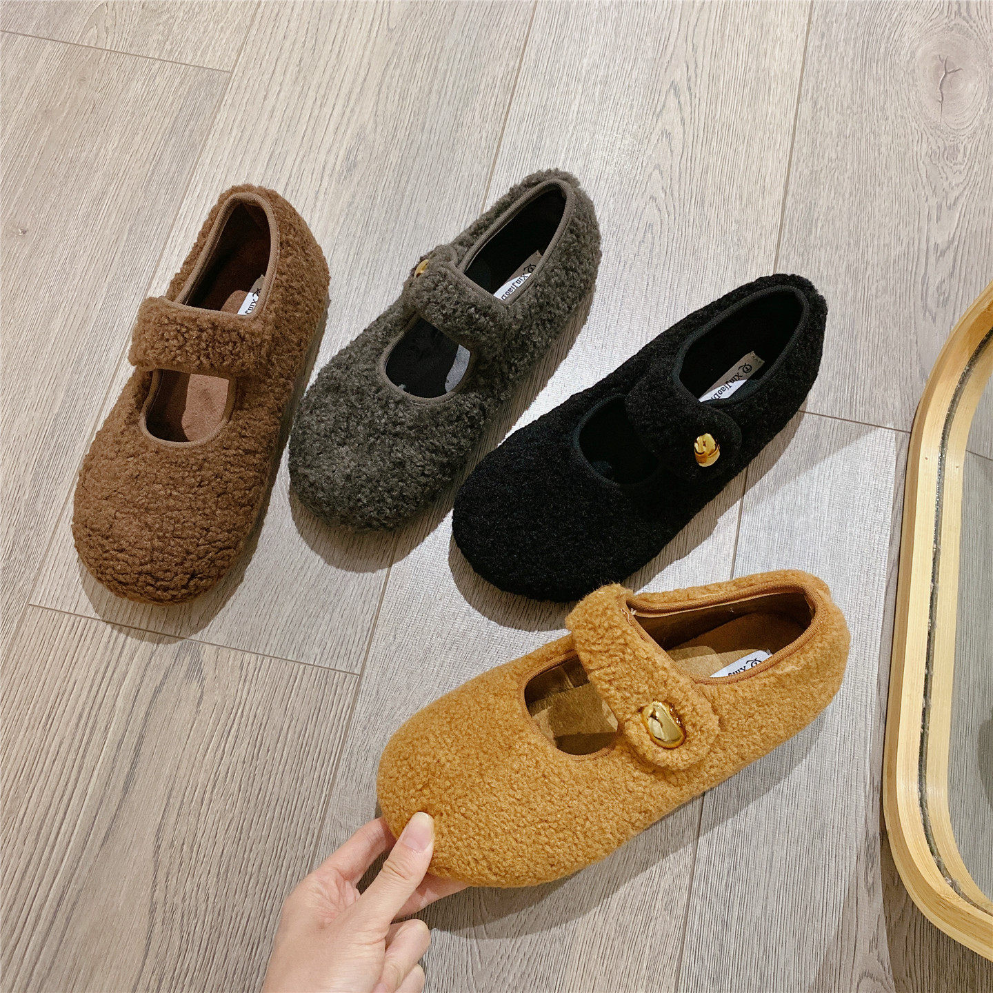 复古毛毛鞋魔术贴加绒单鞋女2025冬季新款韩版软底平底棉鞋豆豆鞋,女鞋,浅口单鞋,淘宝优惠券,粉丝福利购,淘宝优惠卷