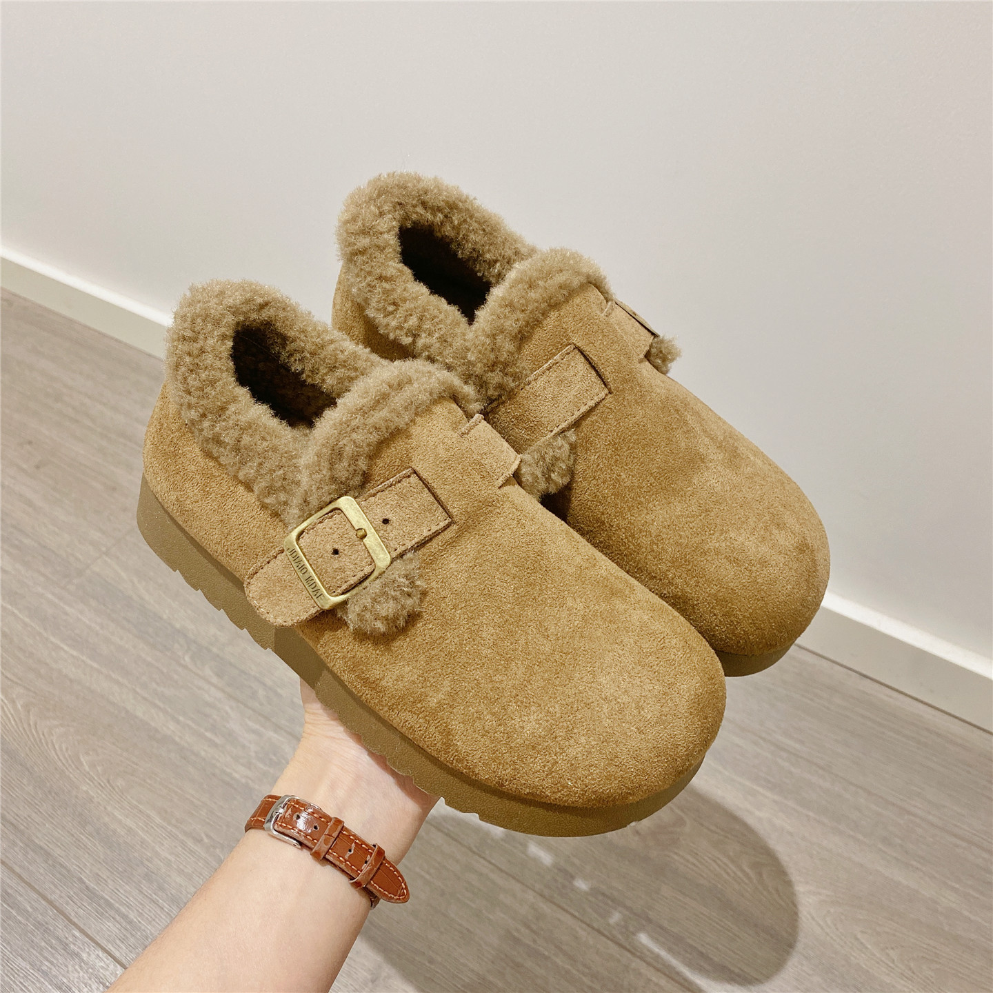复古勃肯鞋毛毛鞋英伦风百搭单鞋女乐福鞋2025冬季新款加绒棉鞋女