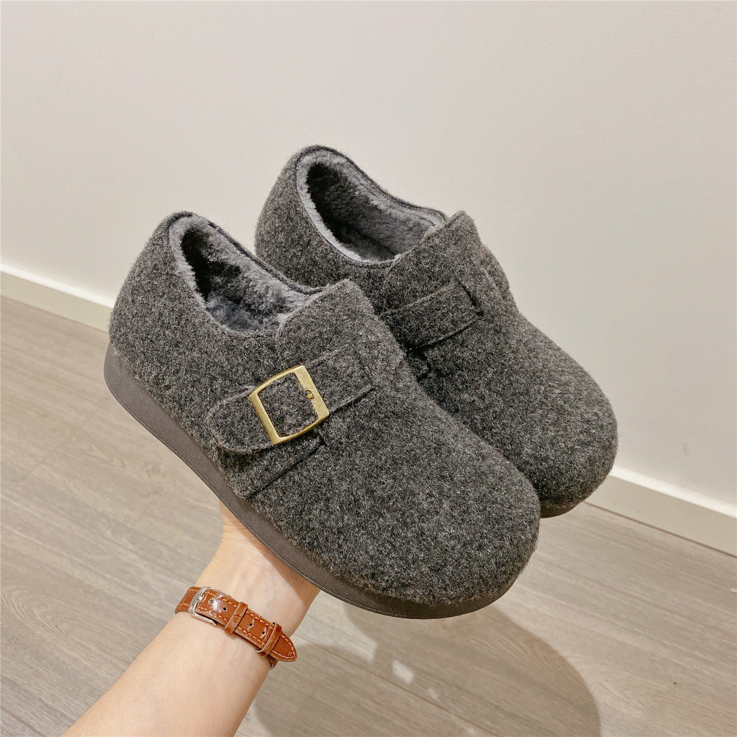 复古勃肯鞋毛毛鞋英伦风百搭单鞋女乐福鞋2025冬季新款加绒棉鞋女