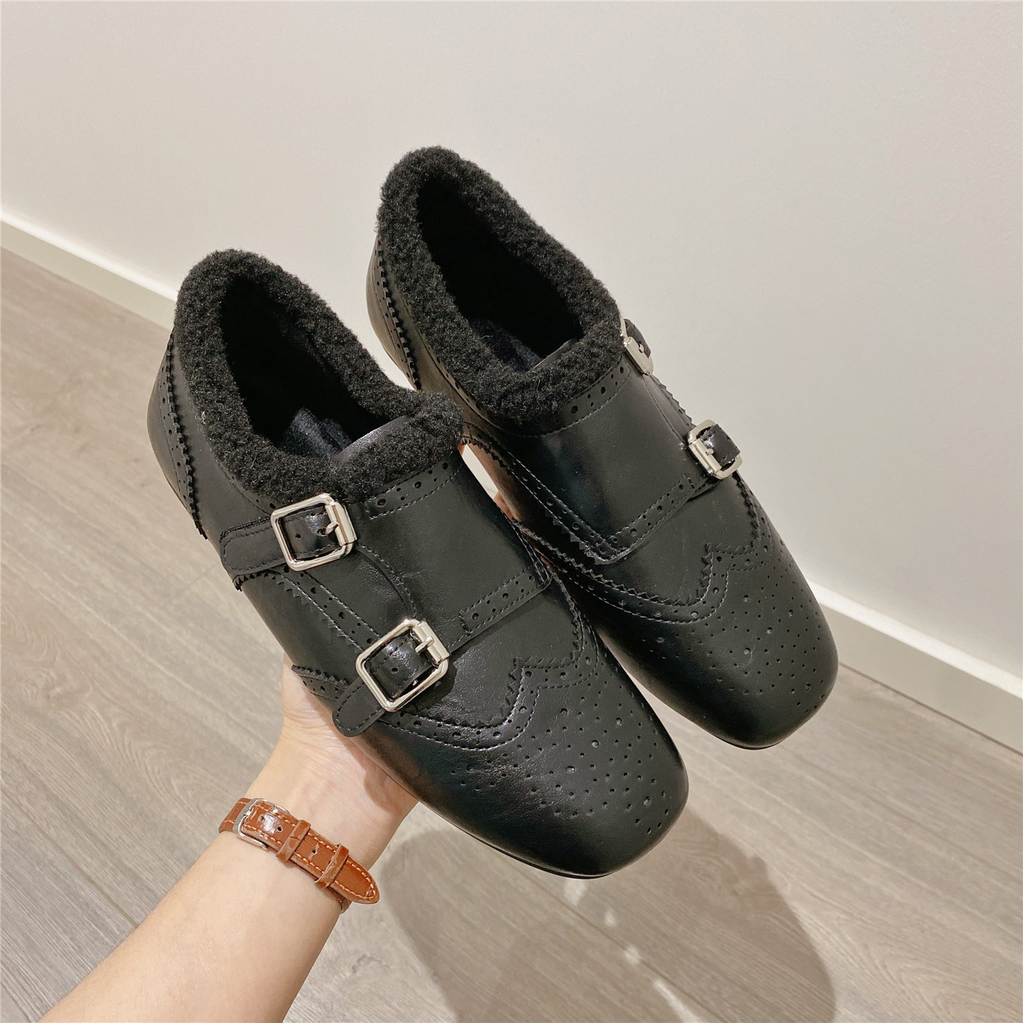 复古保暖毛毛鞋加绒小皮鞋女2025冬季新款韩版加绒平底棉鞋单鞋女