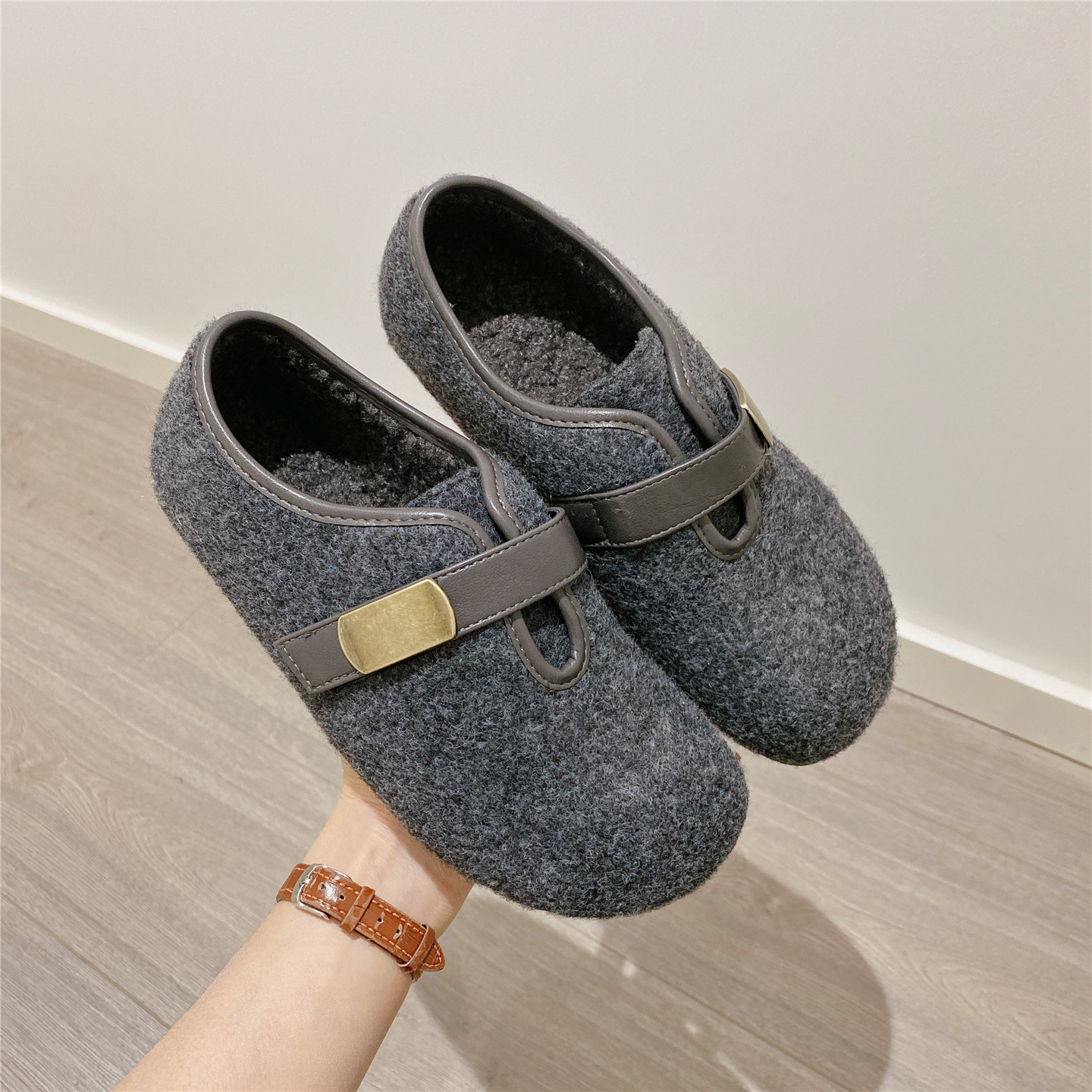 复古保暖魔术贴毛毛鞋保暖2025冬季新款韩版加绒平底舒适单鞋棉鞋