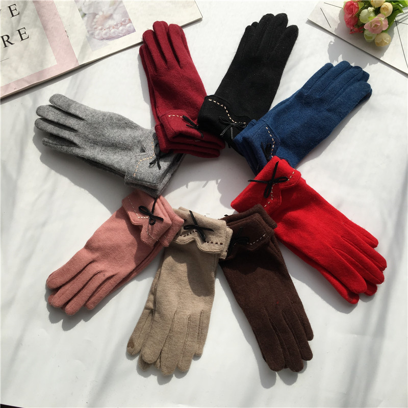 新款韩版羊毛羊绒触屏手套 虚线刺绣皮质蝴蝶结 女士分指保暖手套