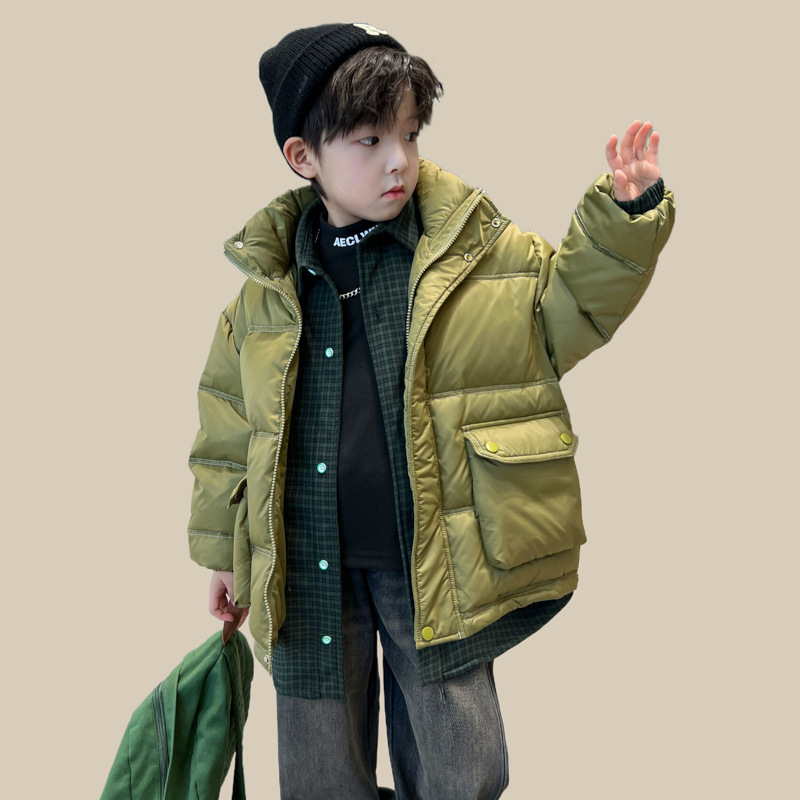男童90绒冬装韩版假两件羽绒服2025品牌清仓加厚外套潮酷格子棉衣