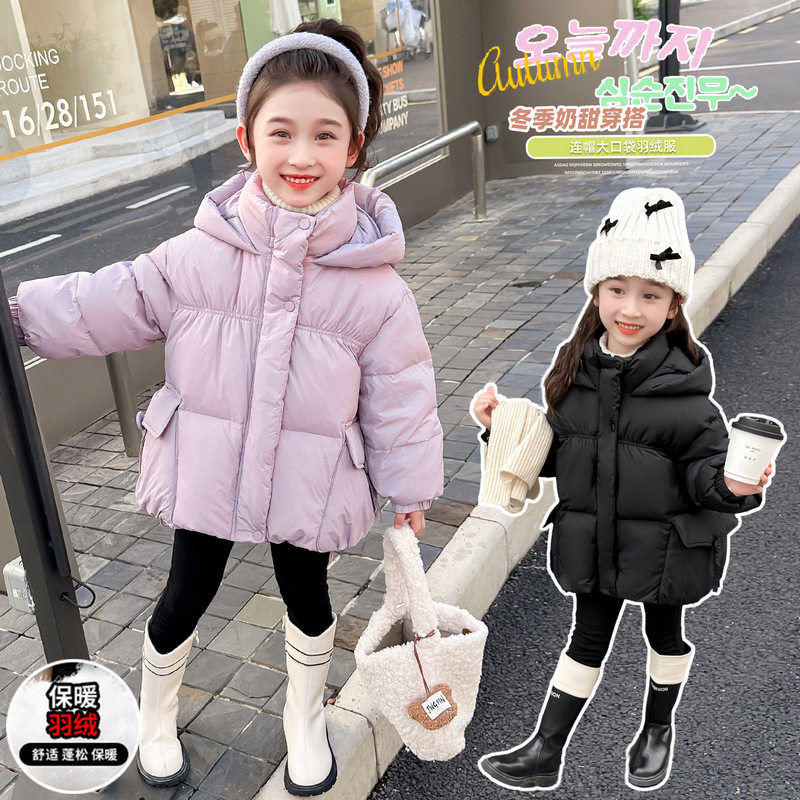 女童紫色羽绒服小儿童纯黑色中长保暖白鸭绒外套冬季新款洋气加厚