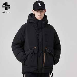 ALLIN 灰鸭绒羽绒服男生冬季潮牌加厚保暖棉衣连帽面包服情侣外套
