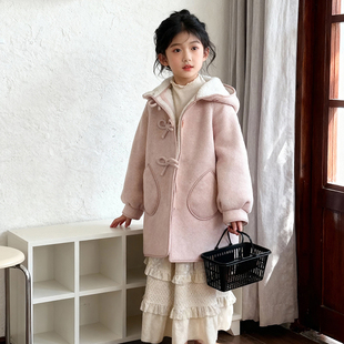 女款冬季连帽中长款呢大衣外套2025年新款中大儿童加绒加厚衣服潮