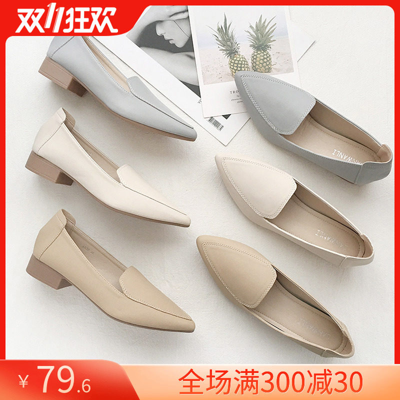 尖头单鞋女一脚蹬工作上班粗跟皮鞋2024新款韩版东大门软底乐福鞋