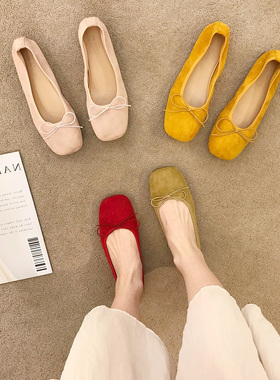 韩版仙女蝴蝶结绒面芭蕾单鞋女2025方头软皮黄色奶奶鞋软底孕妇鞋