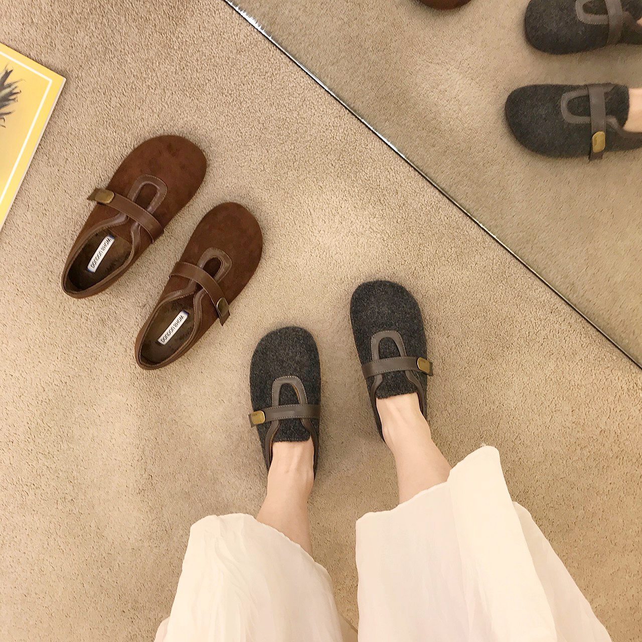 小香风复古加绒玛丽珍鞋女2026年新款一脚蹬懒人保暖软底孕妇棉鞋