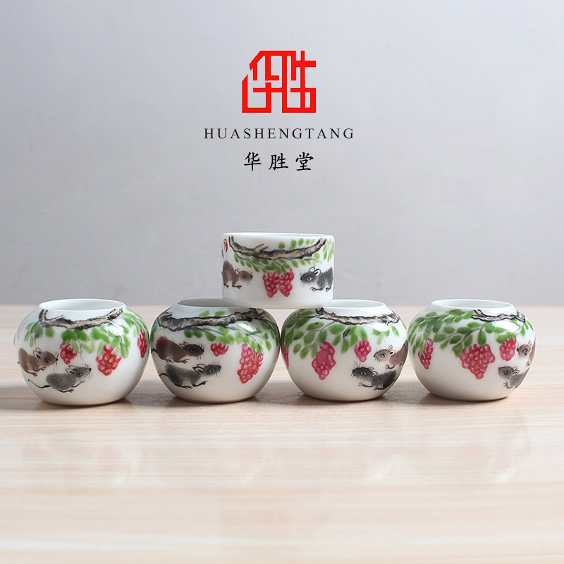 华胜堂 景德镇手绘多子多福图红子罐鸟食罐鸟杯鸟用具 鸟笼配件