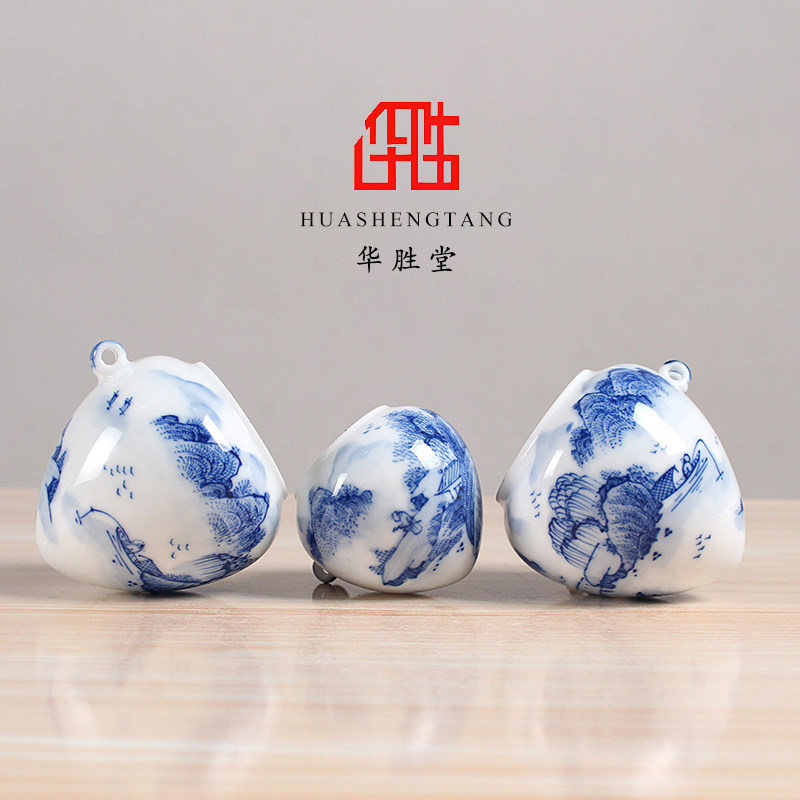 手绘青花山水图广笼中号鸟食罐