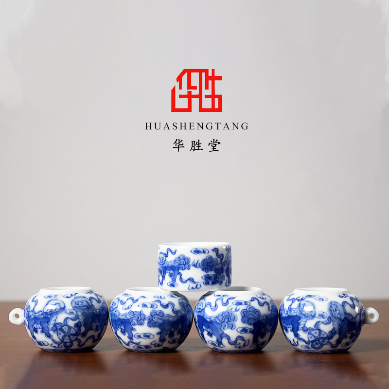 华胜堂 景德镇手绘青花狮子滚绣球红子缸鸟具喂食器 鸟笼配件