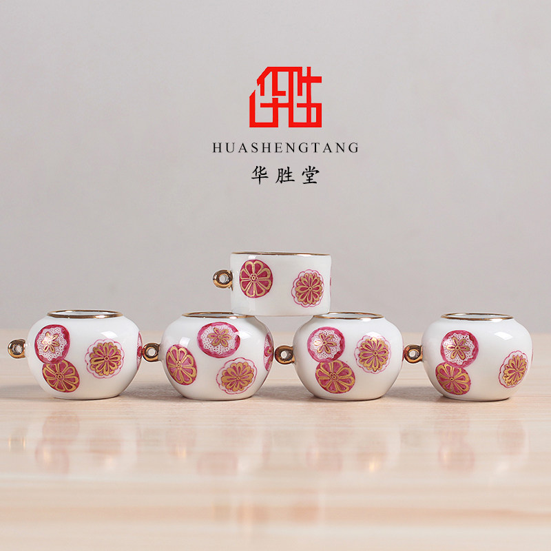 华胜堂 景德镇手绘宝石红描金皮球花红子罐小鸟杯鸟食罐 鸟笼配件
