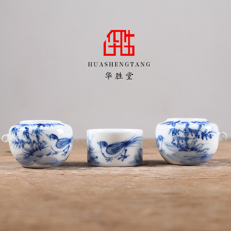 华胜堂 景德镇手绘青花翠鸟图颠颏百灵鸟食罐喂食器 鸟笼配件