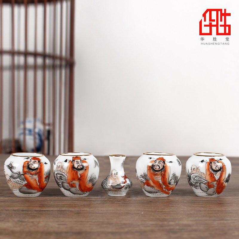 景德镇华胜堂全手绘粉彩镶金口钟馗图五件套绣眼缸鸟缸鸟笼配件