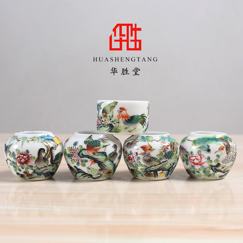 华胜堂 景德镇手绘百鸟朝凤红子罐鸟食罐高档鸟杯水罐 鸟笼配件