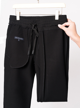 秋冬 内里拉绒 松紧腰高弹力纯黑色舒适合身卫裤休闲长裤男