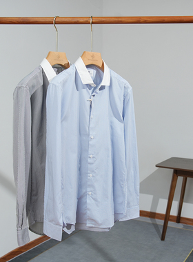 25春 恰到好处的撞色 条纹拼白色小领 全棉定织长袖衬衫男