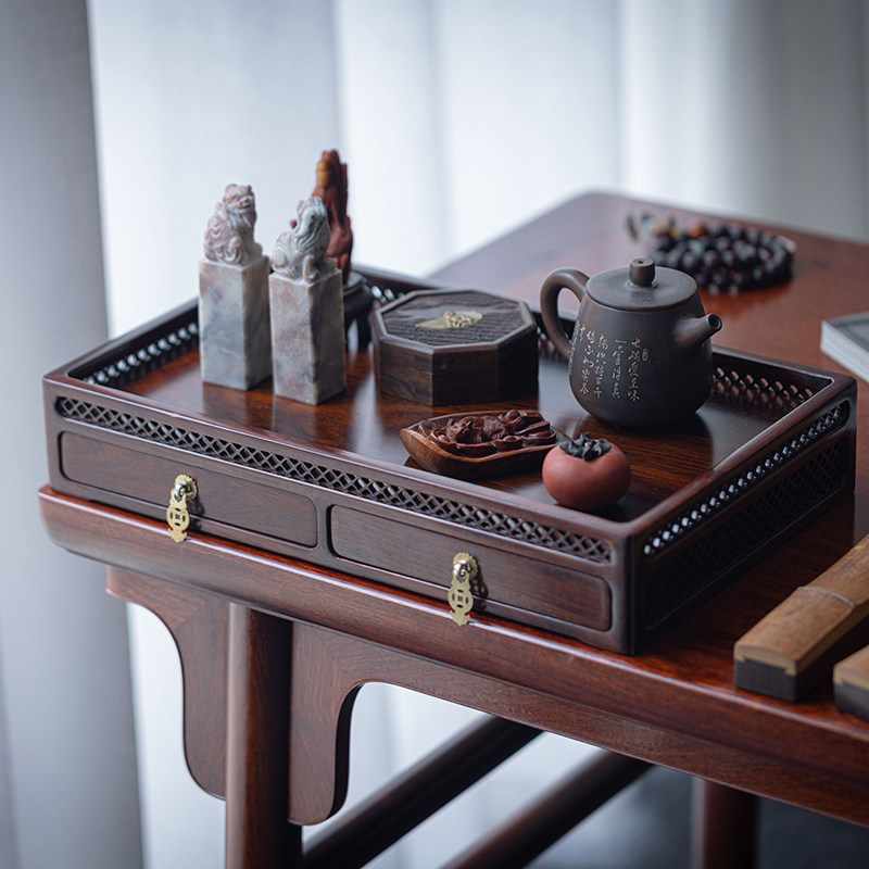 大红酸枝透雕方格纹双屉独板都承盘(快递包邮)