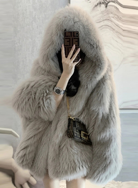 西奈莎韩版皮草外套中长款连帽毛毛大衣双面毛时尚女装冬女装