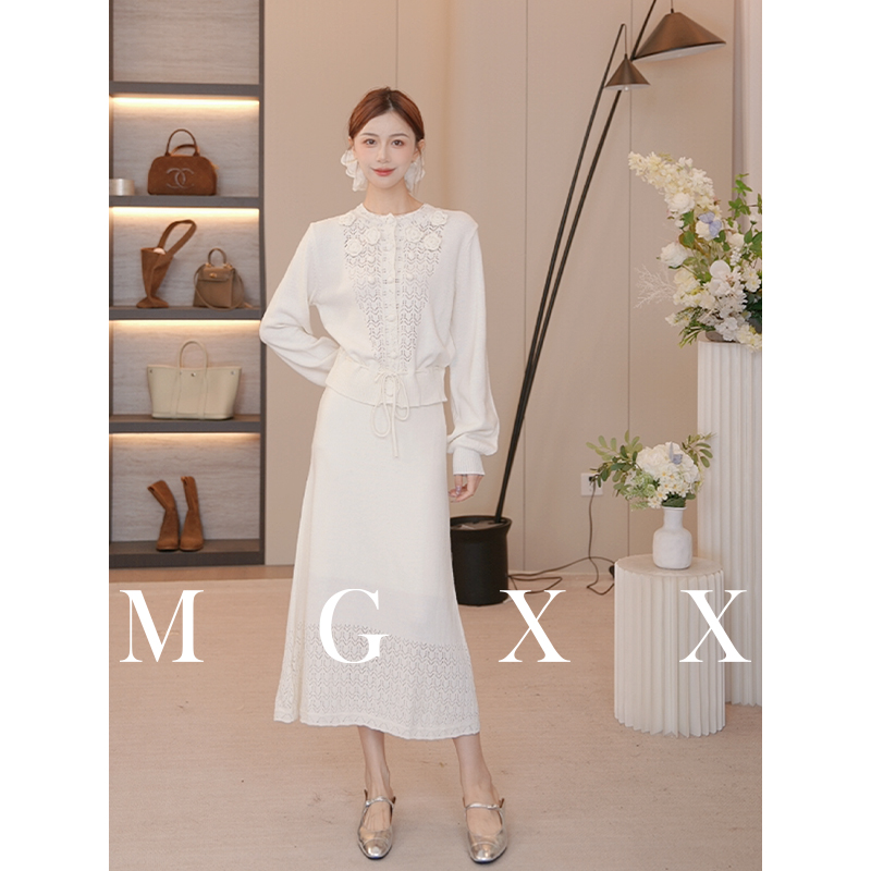 MG小象法式浪漫蕾丝显瘦气质长袖复古上衣半裙套装 M825X12959