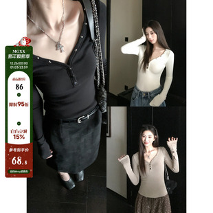 纯色内搭上衣 超好穿铆钉V领打底T恤女冬百搭修身 MG小象 bi入打底