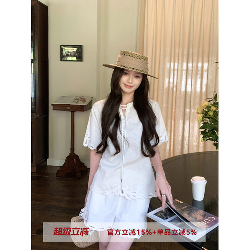 MG小象 纯白之恋'镂空刺绣亚麻上衣衬衫短裤套装女夏季休闲两件套