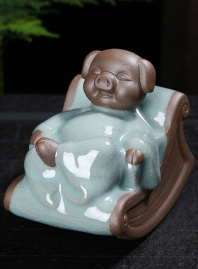 哥窑开片茶宠精品可养可爱摇摇猪家居摆件茶玩茶桌装饰品茶具