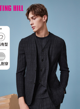 依文休闲西服男春夏新款肌理感修身藏蓝色轻薄早春外套