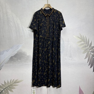 高货~桑蚕丝真丝双绉印花连衣裙26夏短袖衬衫领中长套头碎花裙女