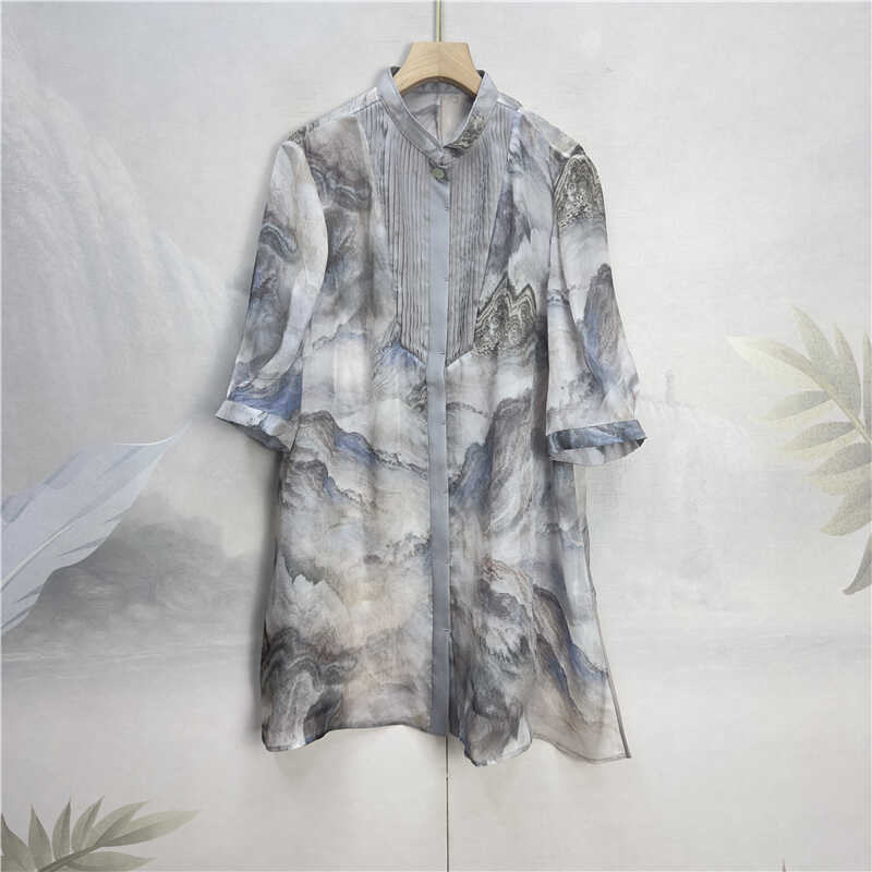 真丝欧根纱衬衫水墨石纹晕染宽松