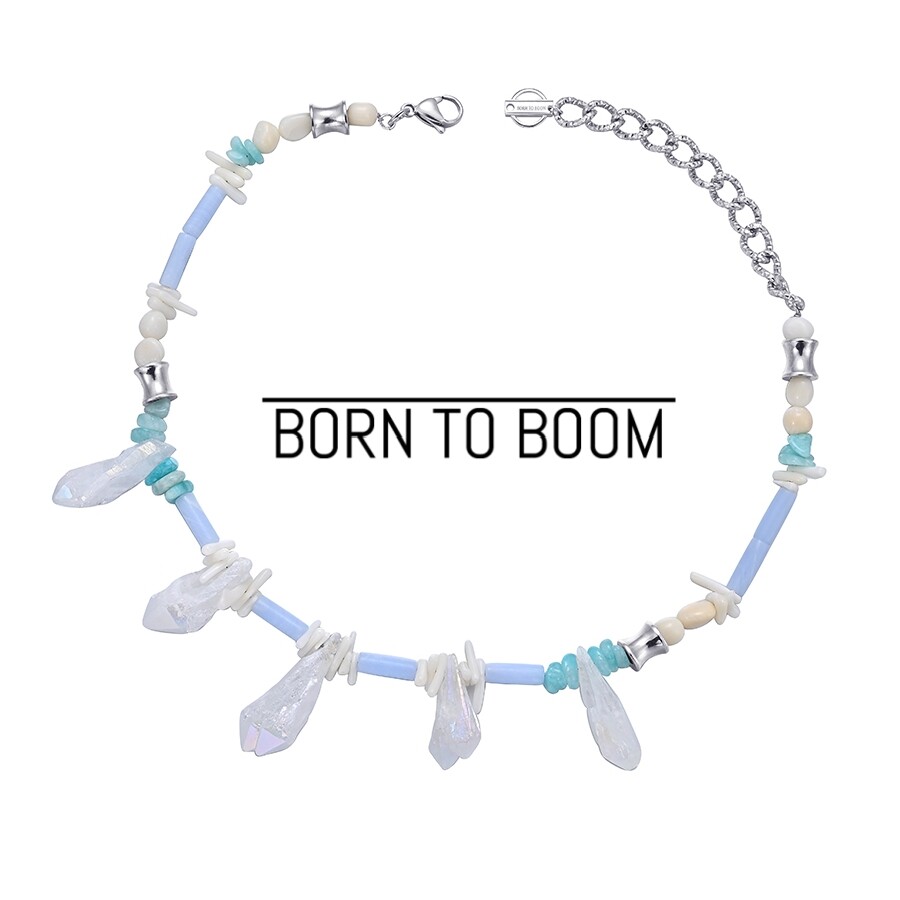 BORNTOBOOM 部落风原石 海边沙滩度假天然白水晶珊瑚蓝色钛钢项链