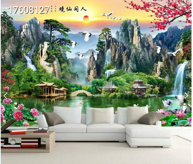 订制迎客松流水生财客厅沙发大型山水自然风景电视背景墙瓷砖壁画