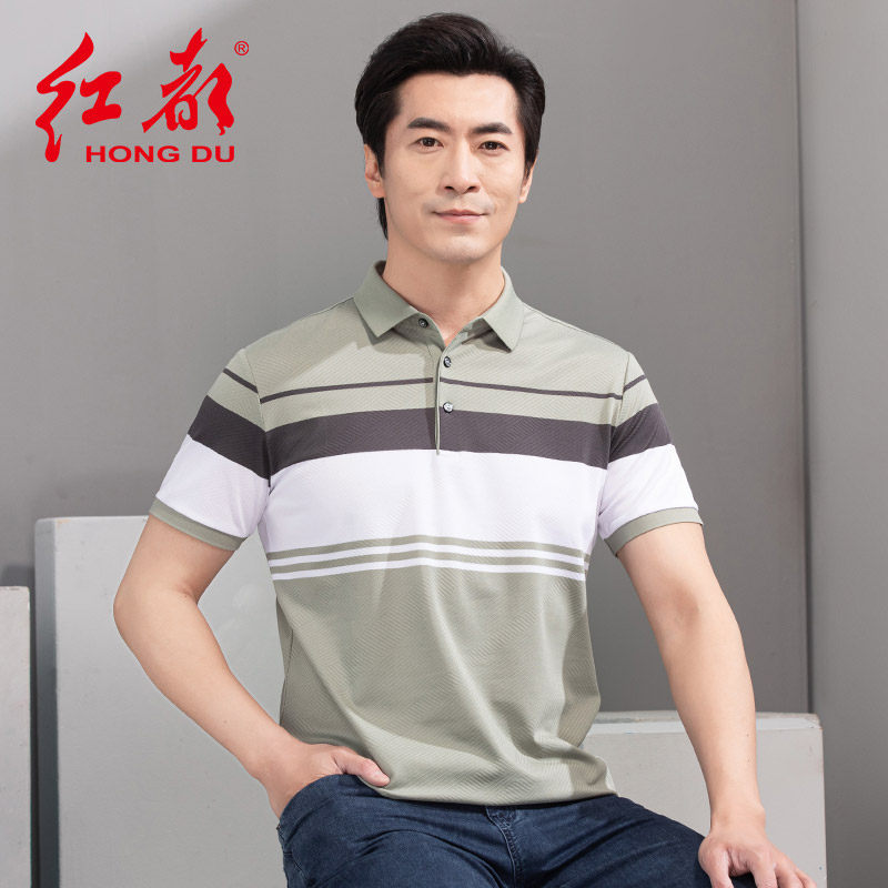 红都中老年男士短袖T恤商务休闲翻领簿款棉混纺半袖男装polo衫