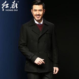 双排扣男装 修身 人休闲羊毛呢子大衣外套 大衣秋冬短款 红都中年男士